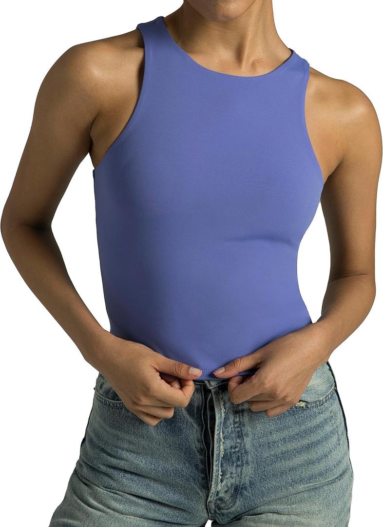 Colorfulkoala Women's High Neck Tank Tops Body Contour Sleeveless Crop Double Lined Yoga Shirts (X-Large, Lavender Blue)