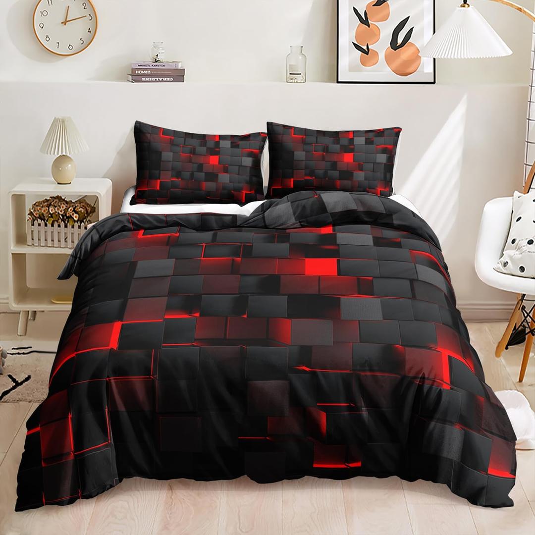 Geometric Red Black Duvet Cover Queen Size, Light Honeycomb 3PCS Bedding Set for Kids and Adults, Modern Cover Set Geometry Decor, Microfiber Lightweight 1 Duvet Cover and 2 Pillowcases