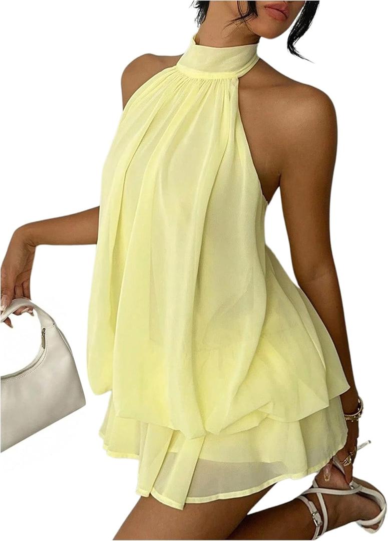 Verdusa Women's Chiffon Halter Drop Waist Wedding Guest Dresses Ruffle Summer Loose Fit Mini Dress Brunch Outfits (Yellow, S)