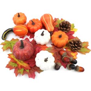 36PCS Mini Artificial Pumpkins Fall Decor Set - Realistic Small Fake Pumpkins for Decorating with Gourd Fall Leaves Acorns Pinecones for Autumn Table Centerpiece, Thanksgiving Harvest Home Decorations (Style 2)