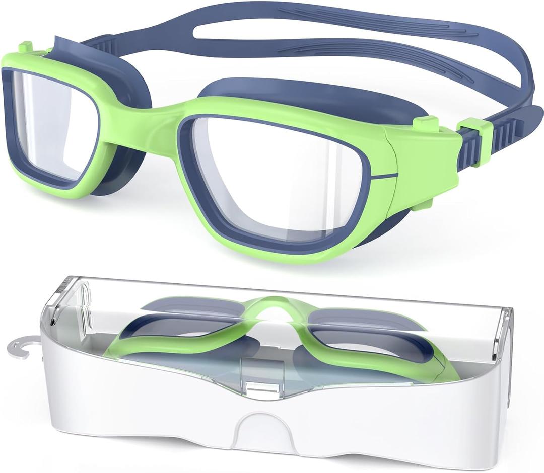 Kids Swim Goggles,Swimming Goggles for Kids 6-14, Anti-Fog UV Protection Pool Glasses for Boys Girls (Navy/Green-clear)