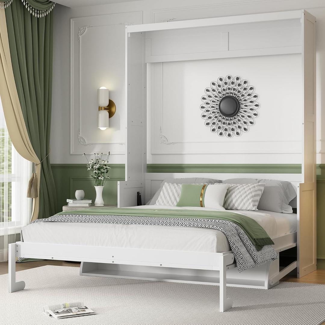 Murphy Multifunctional Bed Frame with Storage Shelf & Support Plate for Adult,Girls,Boys,Queen Size Murphy Bed,Wood Hidden Wall Bed Space-Saving Cabinet,White