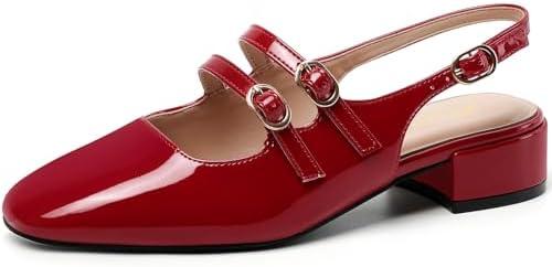 Mostrin Mary Jane Shoes Women Slingback Chunky Low Heels for Women Closed Rounded Toe Ankle Strap Pumps Daily Wedding Party Dress Shoes, Size 37.5