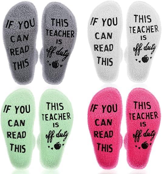 Best Teacher Ever Socks “This Teacher Is Off Duty” Sole Women's One Size 6 - 11 (Pack Of 4Pairs)
