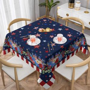 4th of July Tablecloth 54×54 Inch Square Patriotic Flowers Table Cloth Water-Resistant Spill-Proof Washable Fabric Tablecover for Kitchen Dining Party Picnic Indoor Outdoor