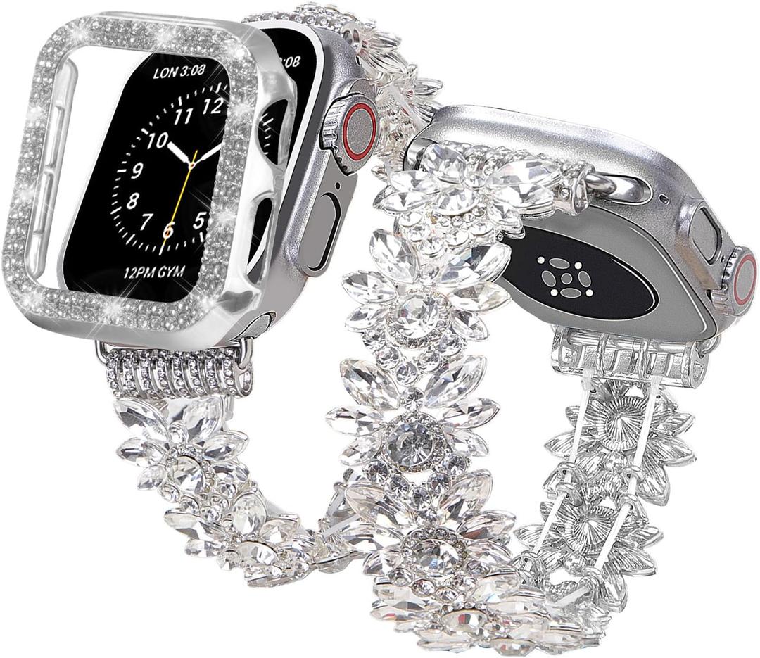 Bling Band and Case Compatible with Apple Watch Ultra 2/Ultra Band 49mm 45mm 44mm 42mm 41mm 40mm 38mm, Women Dressy Diamond Link Bracelet with Rhinestone Bumper Cover for iWatch SE 2/SE Series 9/8/7/6/5/4/3/2/1 (Silver)