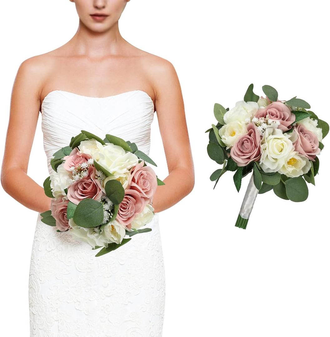 Wedding Bouquets for Bride, 11 Inch Bridesmaids Bouquets Artificial Flower Bouquets for Wedding Ceremony Bridal Shower Decorations - Dusty Pink & White