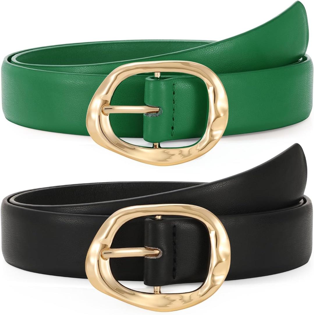 TRIWORKS 2 Pack Leather Belts for Women Fashion Waist Belt with Liquid Shapes Women Belt for Jeans Pants Dresses (Green)