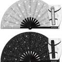 Glitter Large Rave Folding Clack Hand Fan with Holster, Boots on the Ground Popping Handheld Fan Foldable for Men Women for EDM Festival Club Party Dance, (Silver+black, Large 13") (33cm Closed | 63cm Open (13" Closed | 24.5" Open))