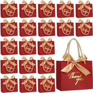 Hsei 40 Pcs Mother's Day Small Thank You Gift Bags with Handles 5.5''x 2.4''x 4.7'' Gold Foil Thank You Mini Paper Bags with Bow Ribbon Party Favor for Wedding Birthday(Red)