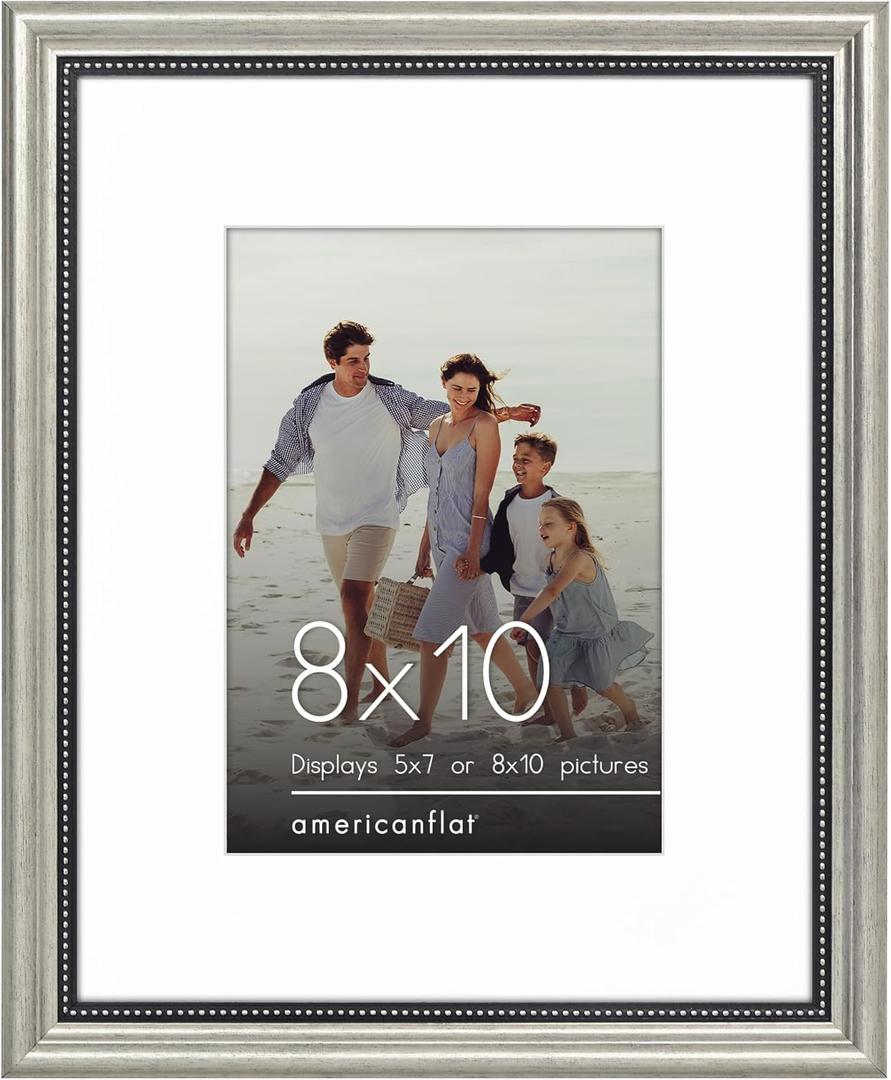 Americanflat Vintage Frames - 8x10 Picture Frame with Beaded Accents and Shatter-Resistant Glass - Use as 5x7 Frame or Display 8x10 Photos Without Mat - Heirloom Collection - Tabletop or Wall - Silver