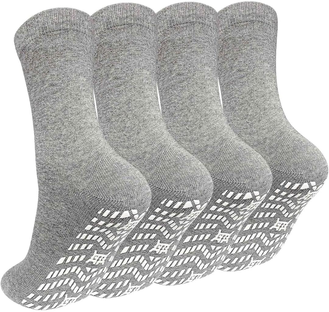 ZAKASA Non Slip Grip Socks - Non Skid Crew Grippy Socks for Men Women Anti Slip Grippers for Elderly Hospital Yoga Pilates (Medium, Grey-4 Pairs)