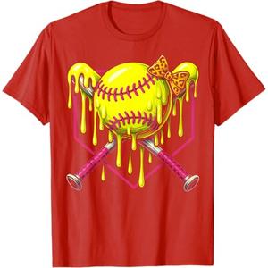 Softball Drip Girls Ice Cream Drip Youth Softball Girl Bow T-Shirt (Small, Red)