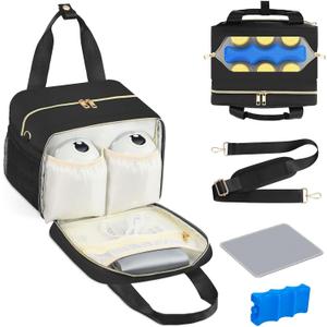 PIIOSER Breastmilk Cooler Bag with Ice Pack, Fits 6 Baby Bottles Up to 9 Ounce, Insulated Bottle Travel Bags with Shoulder Strap-Wearable Breast Pump Carrying Case for Nursing & Working Moms (Black)