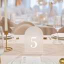 UNIQOOO Frosted Arch Wedding Table Numbers with Stands 1-15, 5x7" Acrylic Display Signs and Holders, Pack of 15, Perfect for Centerpiece, Reception, Decoration, Party, Anniversary, Event, White Font 1-15