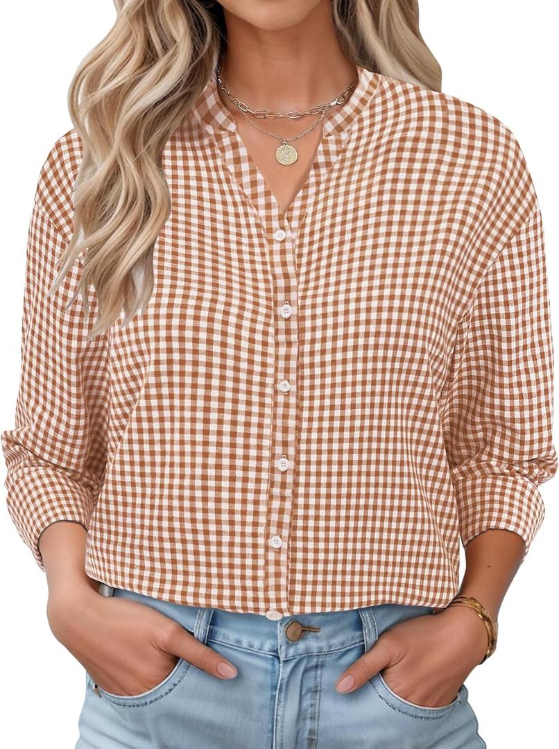 LOMON Womens 3/4 Sleeve Button Down Shirts Checkered Plaid Striped Cotton Tops V Neck Casual Loose Blouse (XXL)