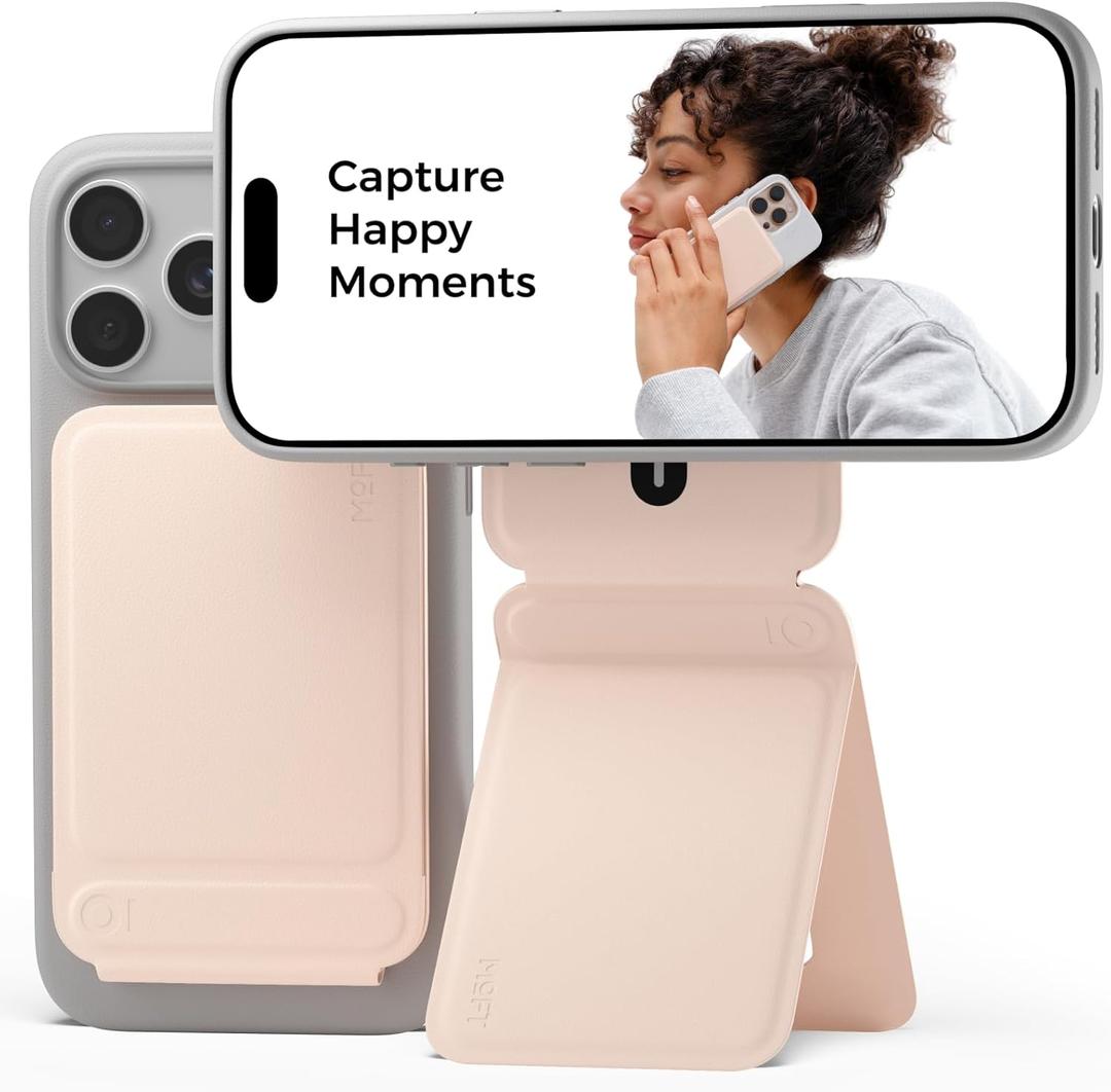 MOFT Phone Tripod Stand Selfie Stick for iPhone, Multi-Angles iPhone Stand, Lightweight & Portable Phone Holder, Strong Magnets, MOVAS Vegan Leather, Travel Essentials, Peach Pink (Without Card Slot)
