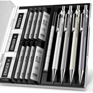 Four Candies 0.7mm Mechanical Pencil Set with Case - 4PCS Metal Mechanical Pencils, 8 Tubes HB #2 Lead Refills, 3PCS 4B Erasers and 9PCS Eraser Refills, Lead Mechanical Pencils for Writing & Drawing