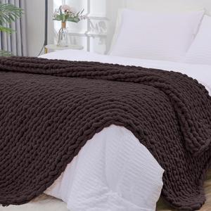 Bigacogo Chunky Knit Throw Blanket for Couch, 40x80 inches, 100% Hand Knitted with Thick Jumbo Chenille Yarn, Cozy Soft Large Rope Knot Cable Crochet Blankets for Sofa Bed Living Room, Chocolate