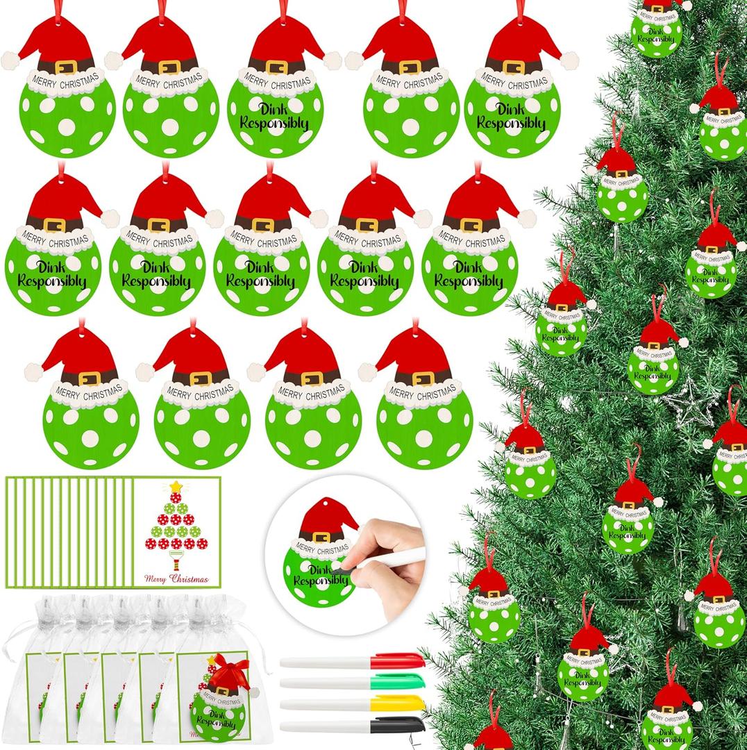 Yopyame 49PCS Personalized Wooden Pickleball Christmas Ornaments for Christmas Tree, Custom Pickleball and DIY Cards for Kids Xmas Decoration, Xmas Pickle Ball Ornament Gift for Pickle Ball Lovers