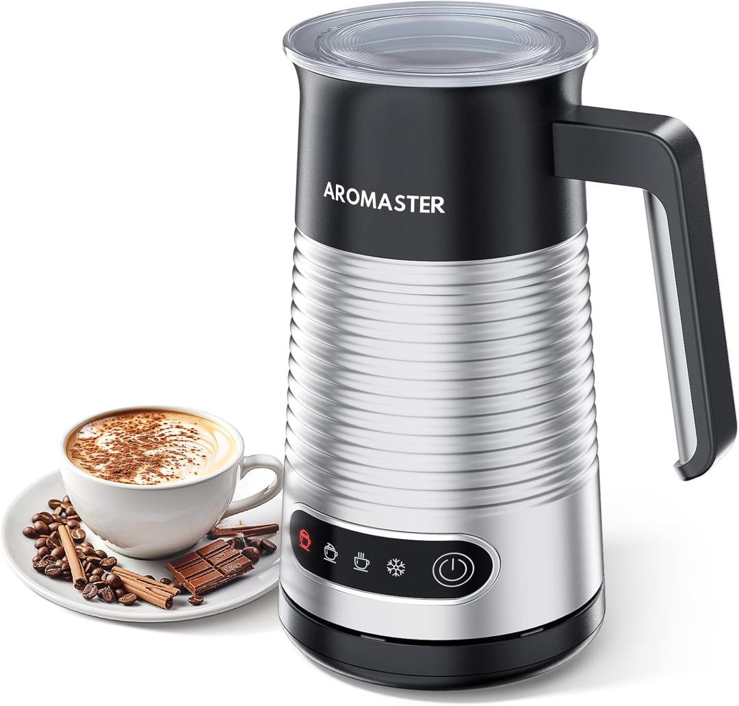 AROMASTER Milk Frother, 4 IN 1 Electric Milk Frother and Steamer for Coffee, Lattes, Cappuccinos, Automatic Hot Dense/Airy Foam & Cold Foam Maker, Ideal for Home, Kitchen and Office Daily Use (Silver)