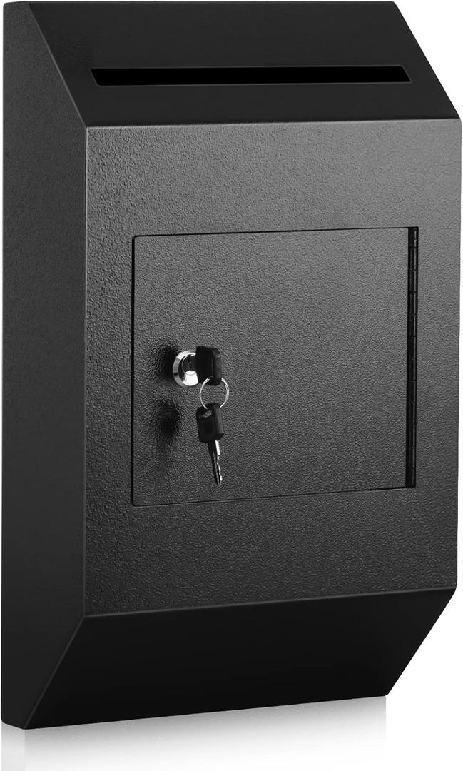 xydled Wall-Mount Mailbox,Heavy Duty Deposit Drop Box Suggestion Box, Locking Metal Key Drop Box with Key Lock, Cash Money Drop Box Safe Storage Box Postbox for Home&Business Use,16.3x10x4,Black (Sloping Bottom)