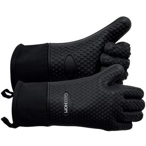 GEEKHOM BBQ Gloves Heat Resistant, 13.7 Inch Long Waterproof Silicone Oven Mitts for Grilling and Smoker, Non-Slip 5 Finger Kitchen Hot Mitts for Baking, Cooking & Cast Iron, Black (One Size Fits Most)
