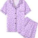 Umeyda Women & Girls Pajamas Set, Soft Satin Lightweight Silk Button-Down Top with Shorts 2 Piece PJS for Mom Boys Kids Gifts (7-8 Years, Bright Purple Leopard)