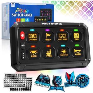 MICTUNING P1B RGB 8 Gang Switch Panel, Multifunction Toggle Momentary Flash Strobe Pulsed Switch Pod with Backlit Off, 5-Level Brightness Circuit Control Relay System Box for Truck RV Offroad Marine