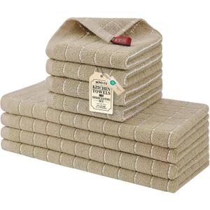 Homaxy Kitchen Towels and Dishcloths Set, 12 x 12 and 13 x 28 Inches, Set of 8 Bulk Cotton Terry Kitchen Towels Set, Checkered Designed, Soft and Super Absorbent Dish Towels, Tan