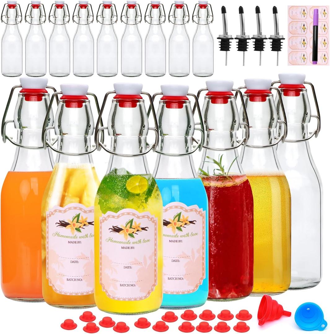 QAPPDA 16 Pack 8 oz Swing Top Glass Bottles with Stoppers with Caps, Flip Top Beer Brewing Bottles for Homemade Kombucha, Vanilla Extract, Infused Oil, Vinegar, Tea