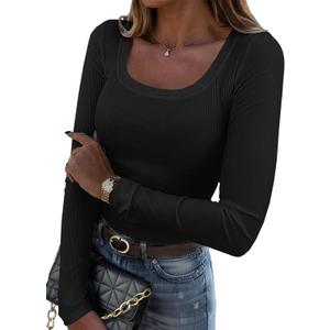 Zeagoo Women's Long Sleeve Scoop Neck Shirts Casual Slim Fit Rib Knit Tops Summer Fall Basic Business Work Tee (X-Large, Black)