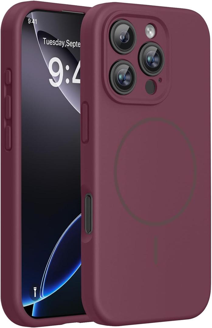 Miracase Magnetic for iPhone 16 Pro Case, [Soft Anti-Scratch Microfiber Lining], Compatible with MagSafe, Liquid Silicone Case Shockproof Drop Protection Phone Case for 16 Pro,Wine Red