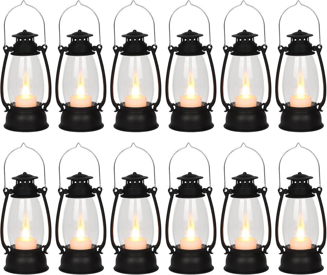 12Pcs Mini Lantern for Cowboy Halloween Christmas Wedding, Black 6" Candle Lantern with Flickering LED for Camping Western Party Decorations, Table Centerpiece, Hanging Lamp Ornaments Bulk