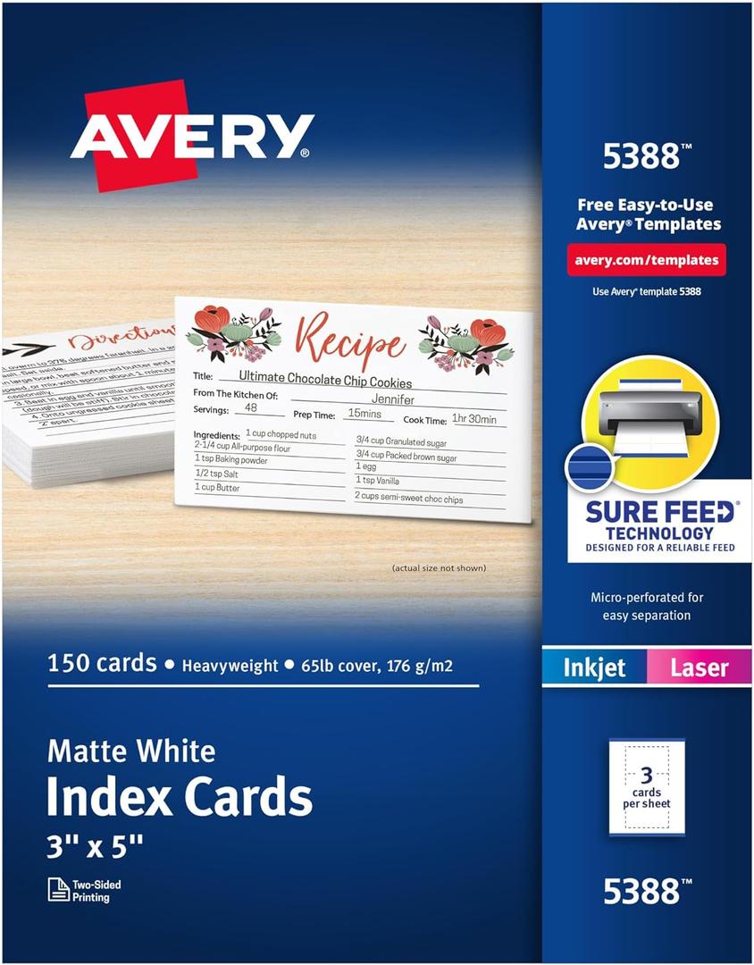 Avery Printable Index Cards, Sure Feed Technology, 3" x 5", Matte White, Laser & Inkjet Compatible, 150 Blank Cards Total, Great for Product Branding, Marketing, and More (5388)