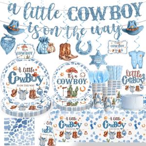 161pcs Cowboy Baby Shower Decorations Include Plates and Napkins Set, Banner, Hanging, Tablecloth, Cake Topper, for Cowboy Rodeo and Western Baby Shower, Serves 25