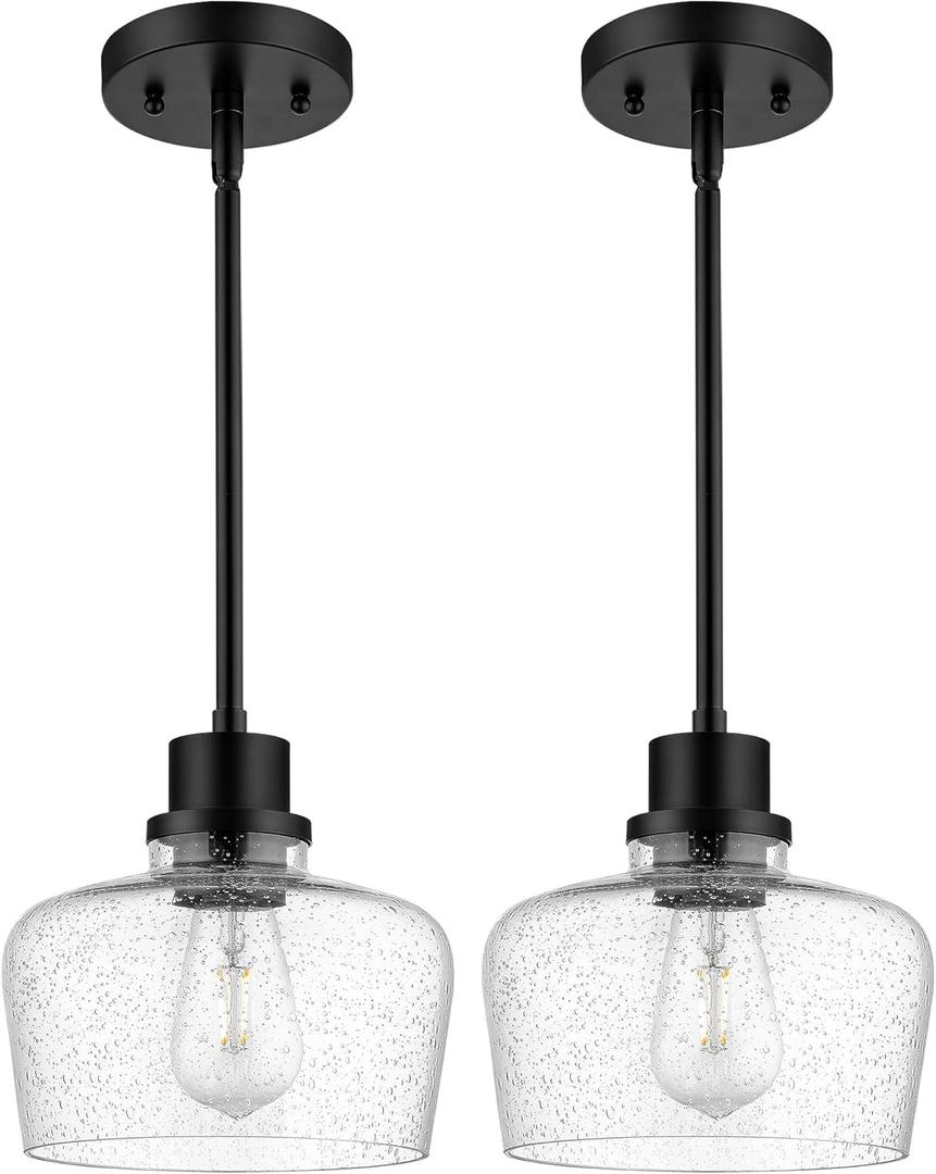 Emak 2 Pack Pendant Lights Kitchen Island, 8 Inch Black Pendant Light with Seeded Glass Shade, Modern Farmhouse Hanging Light Fixture for Kitchen Island, Bathroom, Bedroom, PL122-BK-2PK