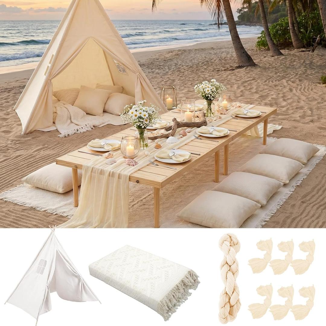 71x87'' Huge Teepee Tent with 91x71'' Extra Large Outdoor Boho Picnic Blanket Table Runner 6 Napkins Woven Cotton Yarn Oversized Beach Blanket Camp Wedding(White), 48 x 48 x 72 inches