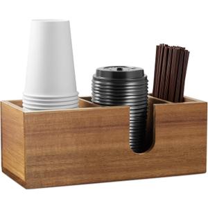 ALELION Acacia Wood Coffee Cup Holder for Countertop - Wood Coffee Bar Accessories and Organizer - Coffe Station Organizer for Cup Lid Stirrers Pod