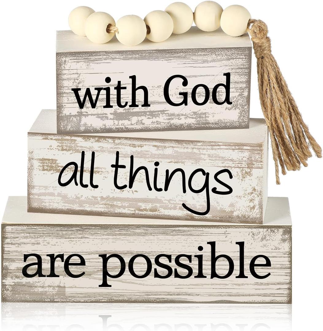 4 Pcs Farmhouse Wooden Tabletop Decor Farmhouse Tiered Tray Decor Rustic Retro Wood Bead Garland with God All Things are Possible Block Sign Neutral Centerpiece Sign for Home Shelf Mantle