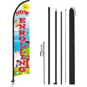 1 Pack Now Enrolling Daycare Feather Flag Swooper Flag Weatherproof Polyester Preschool Banner 12ft x 2.5ft for Outside Business Advertising(Now Enrolling)