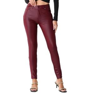 Allegra K Leather Pants for Women High Waist Stretch Tights Motorcycle Leggings with Pockets, Large, Burgundy