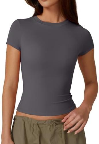 QINSEN Women's Casual Basic Going Out Tops Slim Fit Short Sleeve Crew Neck Tight T Shirts (Dark Grey, XS)