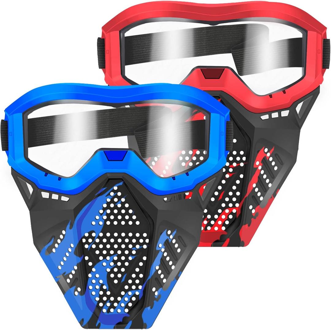 POKONBOY 2 Pack Tactical Mask with Goggles Compatible with Nerf Rival, Apollo, Zeus, Khaos, Atlas, & Artemis Blasters Rival Mask Red & Blue