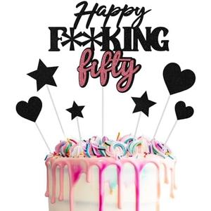 SET OF 2, 50th Birthday Cake Topper, Black Rose Gold Happy 50th Birthday Cake Topper for Women, 50 Years Old Funny Birthday Party Cake Decorations Supplies Glitter for Her