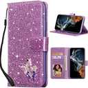 UEEBAI Wallet Case for Samsung Galaxy S24/S25 5G, Glitter PU Leather Phone Case Card Slots Kickstand Case Magnetic Closure Bling Flip Case Shockproof Hand Strap Flip Cover - Glitter Purple