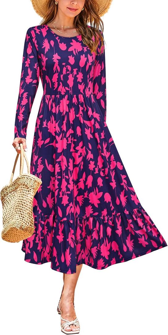 STYLEWORD Women's 2025 Fall Wedding Guest Dresses Long Sleeve Crew Neck Tiered Flowy A Line Casual Midi Dress Pockets  2XL