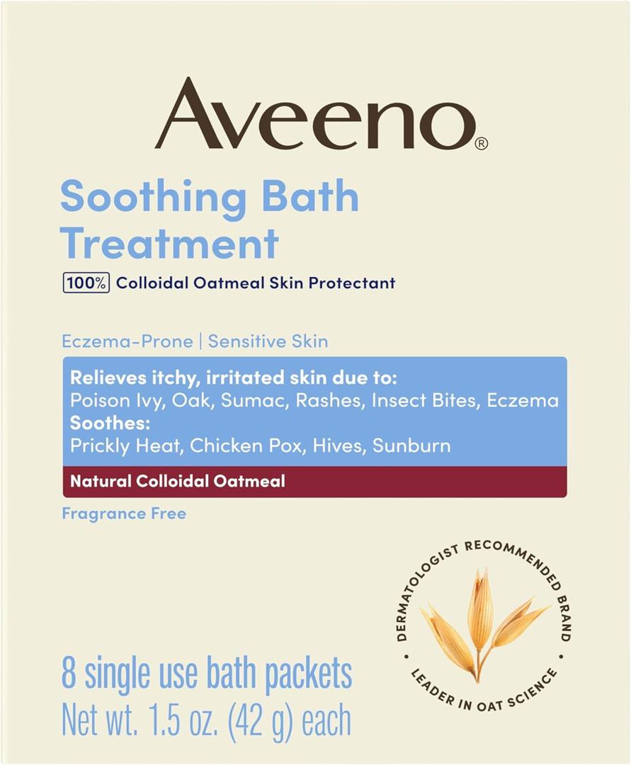 Aveeno Soothing Bath Treatment with 100% Colloidal Oatmeal Skin Protectant for Sensitive & Eczema-Prone Skin, Fragrance-Free Bath Soak Relieves Itchy, Irritated Skin, Individual Packets, 8 ct