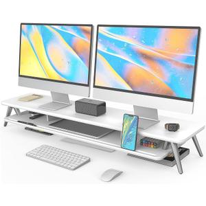 Fenge Dual Monitor Stand Riser, Wooden Desk Shelf with 2-Tier Storage
42.5-Inch Wide, Sturdy Aluminum Legs, Built-In Phone & Tablet Slot, Desktop Organizer for Office Accessories