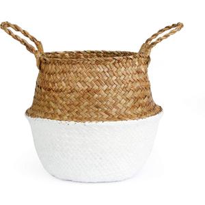 Woven Seagrass Belly Basket for Storage, Laundry, Picnic, Plant Pot Cover, and Grocery and Toy Storage (Medium, White)